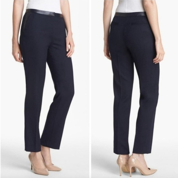 Tory Burch Pants - Tory Burch Womens Christy Ankle Pants Wool Blend Leather Trim Navy Blue Size 4